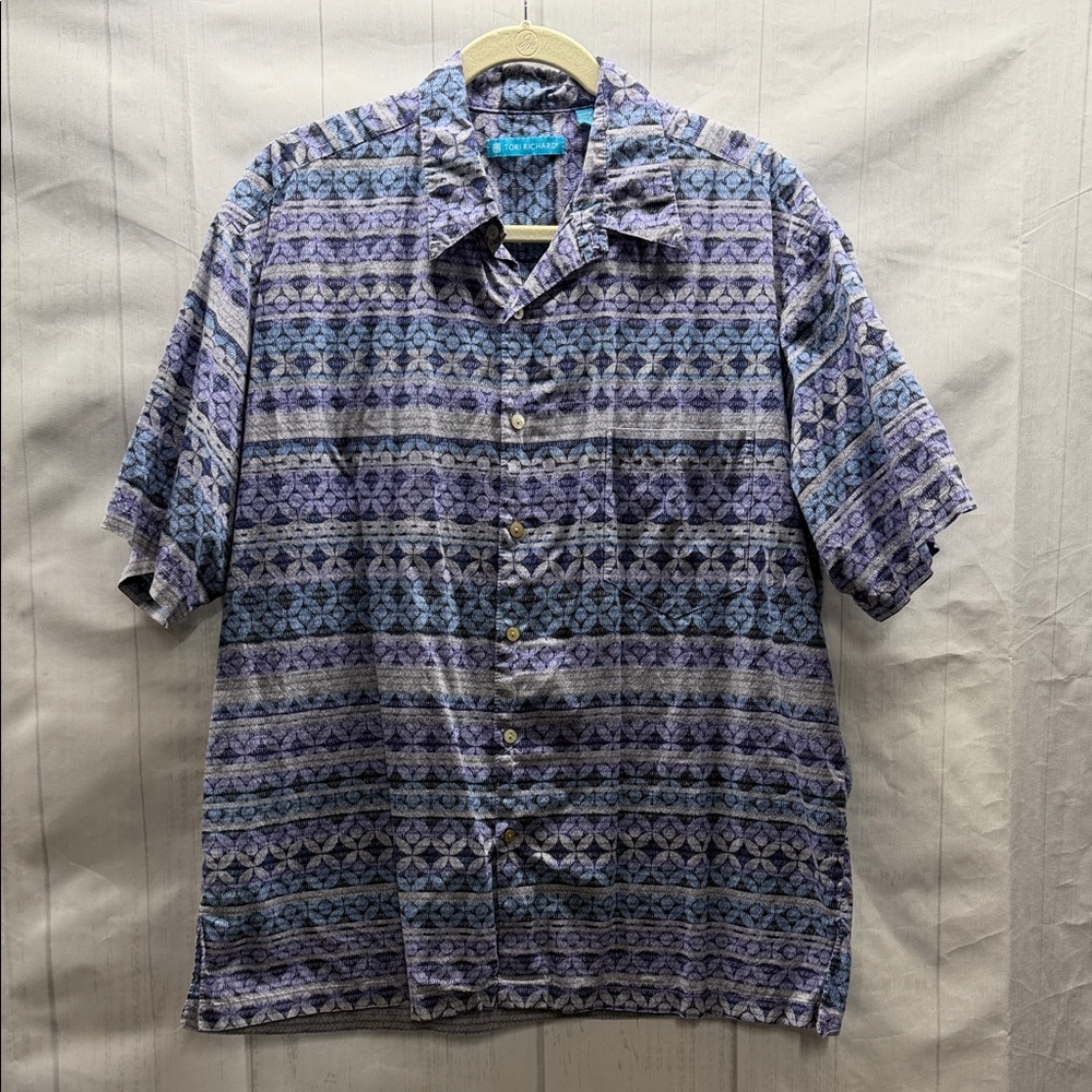 Tori Richard Blue and Purple Patterned Button Down Short Sleeve Shirt Large